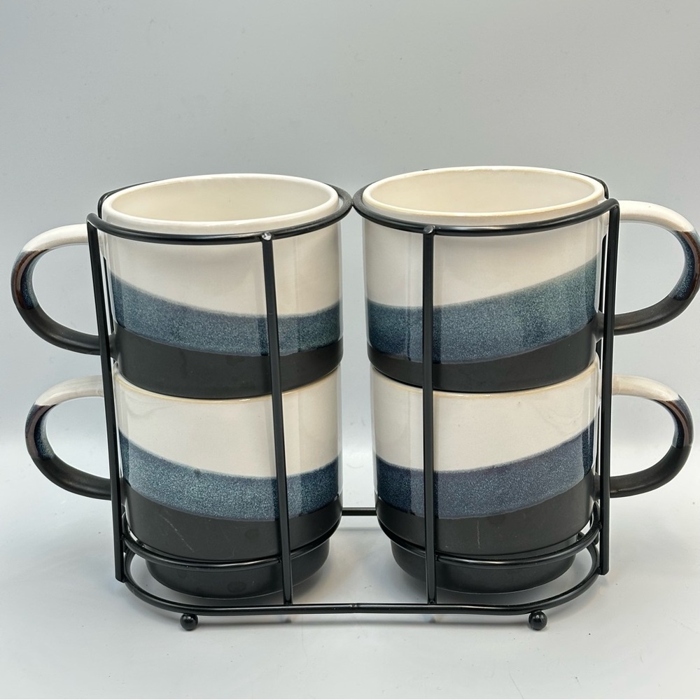 The Pottery People Set Of 4 Stackable Mugs With Rack Stoneware Ceramic 12 Oz.